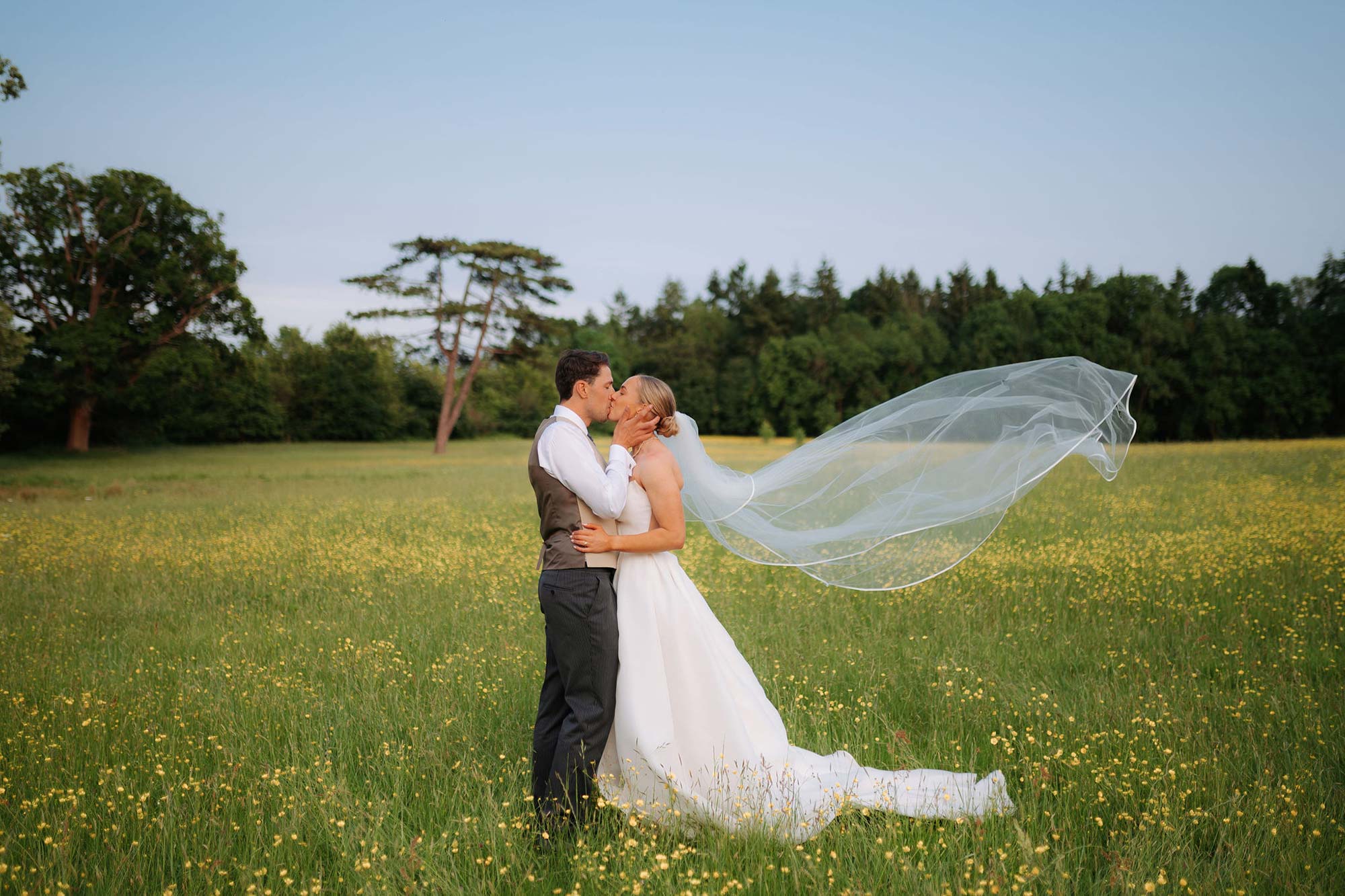 A-couple-kiss-in-buttercups-in-the-parkland-at-Homme-House