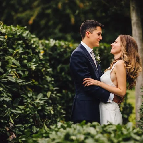 Bride and groom portrait in bog garden at Homme House