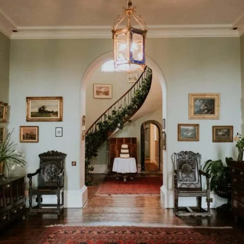 Hall at Homme House with flying staircase