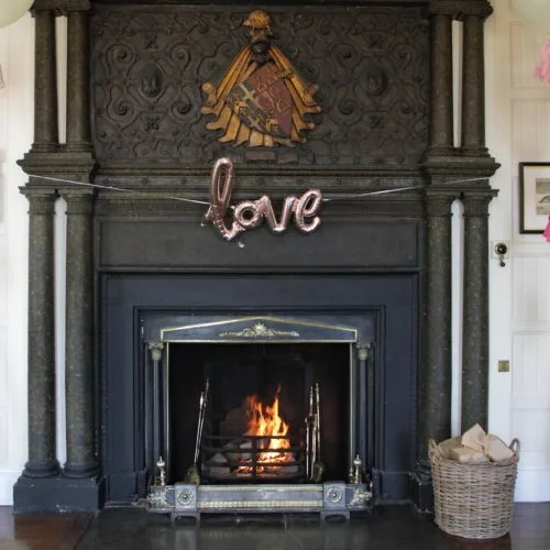 Panelled Room fireplace at Homme House decorated for a wedding
