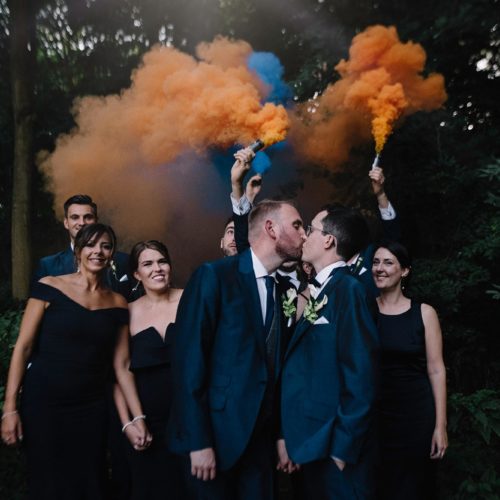 Wedding couple woodland smoke bomb photograph