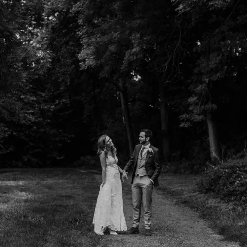 Wedding couple in Homme House's woodland