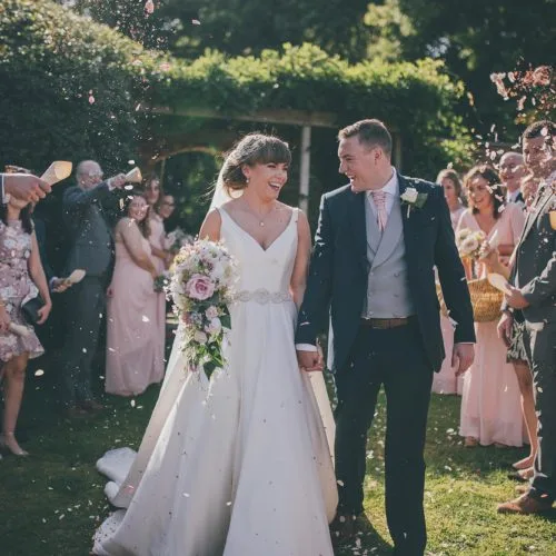 A bride and groom being showered with confetti in the walled garden at Homme House