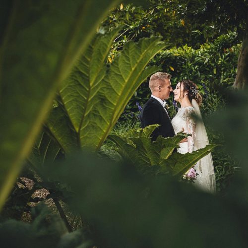 Bride and groom embracing in the bog garden at Homme House