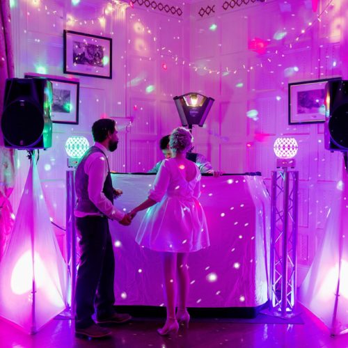 Bride-and-groom-talk-to-DJ-in-Homme-House-Panelled-Room