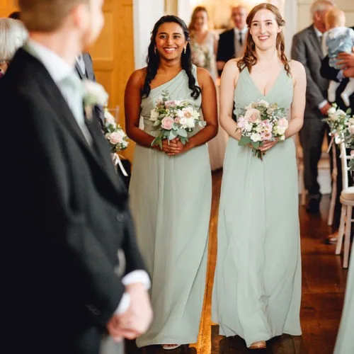 Bridesmaids-enter-Homme-House-Panelled-Room-wedding-ceremony